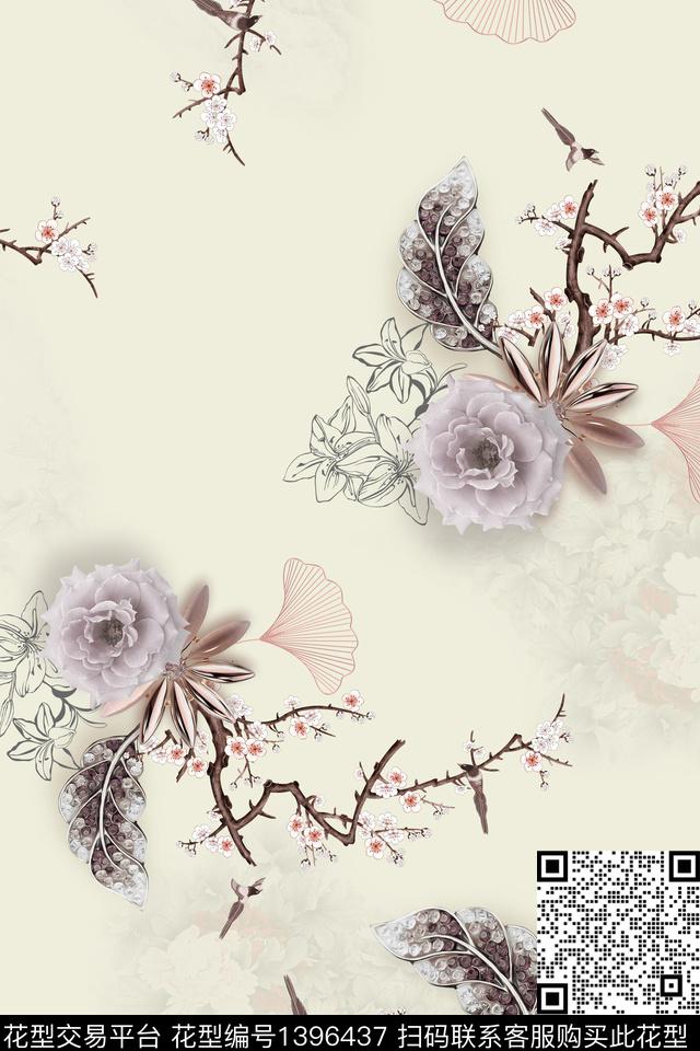 花卉旗袍真丝数码印花华亿平台下载（图片编号: 1396437） - 瓦栏（Walan）