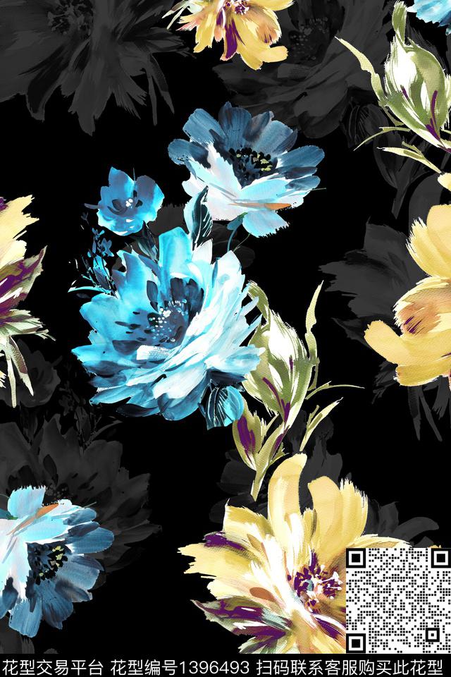 抽象花卉清爽底花卉花卉数码印花华亿平台下载（图片编号: 1396493） - 瓦栏（Walan）