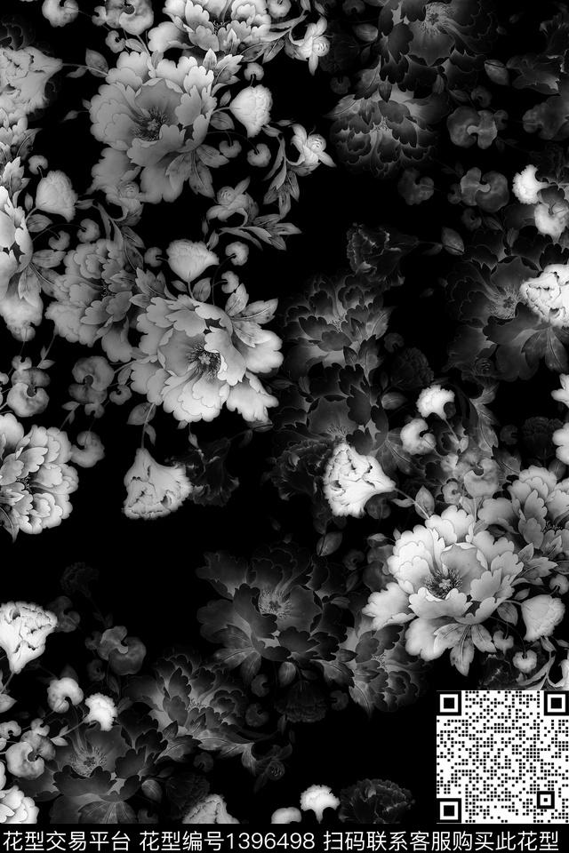 黑底花卉花卉大牌风数码印花华亿平台下载（图片编号: 1396498） - 瓦栏（Walan）