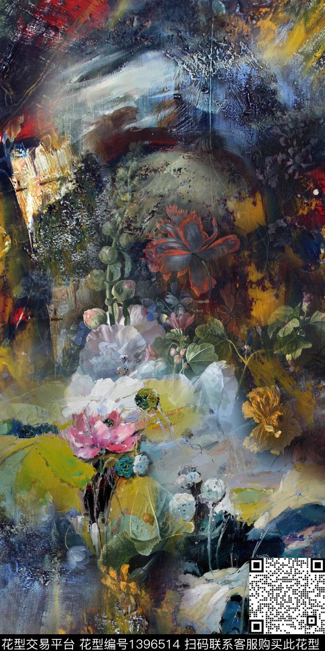 油画华亿平台花卉真丝数码印花华亿平台下载（图片编号: 1396514） - 瓦栏（Walan）