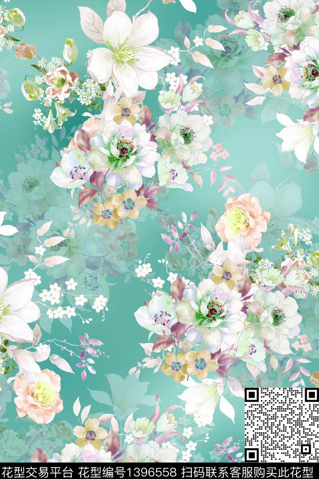 时尚花卉真丝数码印花华亿平台下载（图片编号: 1396558） - 瓦栏（Walan）