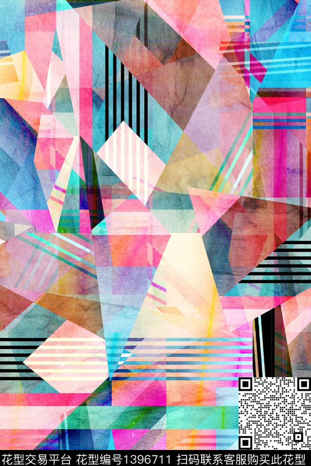 炫彩几何抽象花卉数码印花华亿平台下载（图片编号: 1396711） - 瓦栏（Walan）