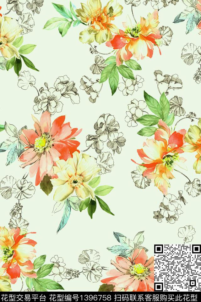 时尚花卉小清新数码印花华亿平台下载（图片编号: 1396758） - 瓦栏（Walan）