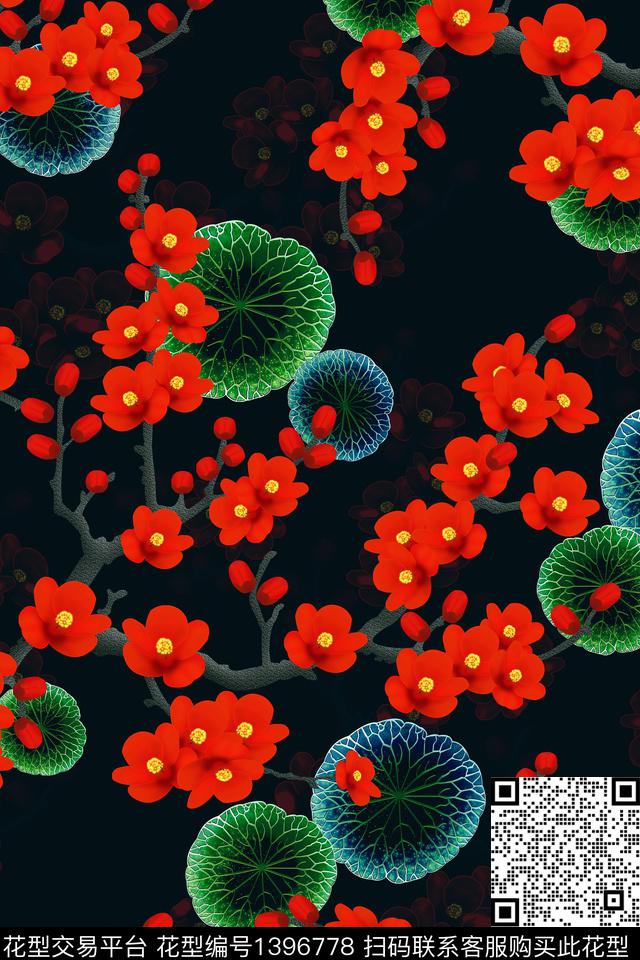 花卉香云纱旗袍数码印花华亿平台下载（图片编号: 1396778） - 瓦栏（Walan）
