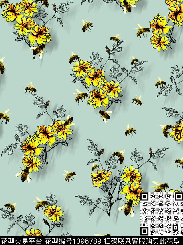 蜜蜂欧美花卉蜜蜂数码印花华亿平台下载（图片编号: 1396789） - 瓦栏（Walan）