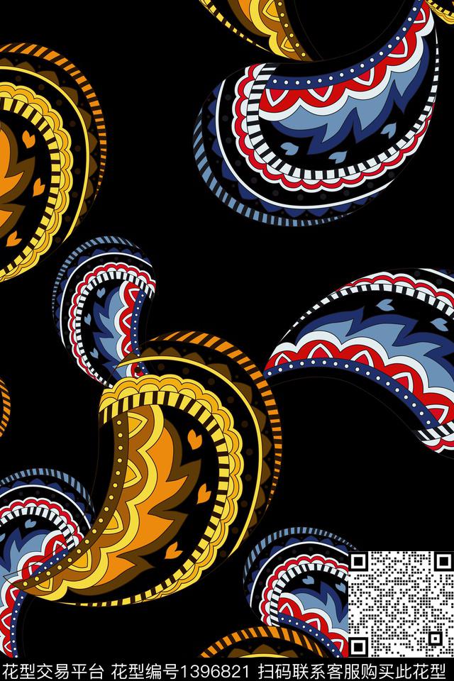 几何矢量黑底花卉传统印花华亿平台下载（图片编号: 1396821） - 瓦栏（Walan）