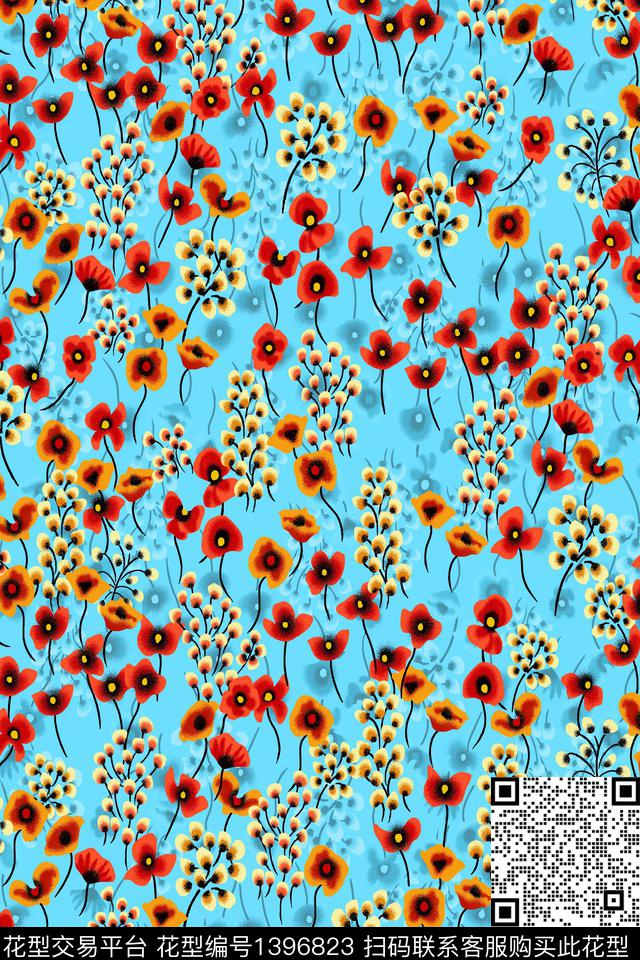 花卉满版散花小碎花传统印花华亿平台下载（图片编号: 1396823） - 瓦栏（Walan）