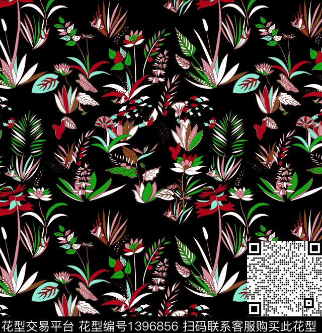 几何绿植树叶花卉数码印花华亿平台下载（图片编号: 1396856） - 瓦栏（Walan）