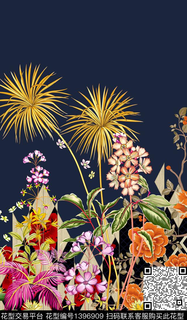 定位花手绘花卉植物数码印花华亿平台下载（图片编号: 1396909） - 瓦栏（Walan）