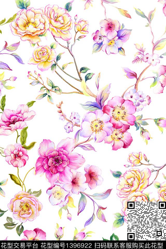 趋势华亿平台清爽底花卉花卉数码印花华亿平台下载（图片编号: 1396922） - 瓦栏（Walan）