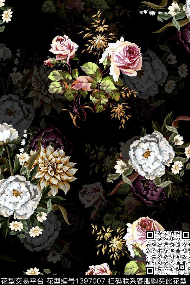 时尚花卉真丝数码印花华亿平台下载（图片编号: 1397007） - 瓦栏（Walan）