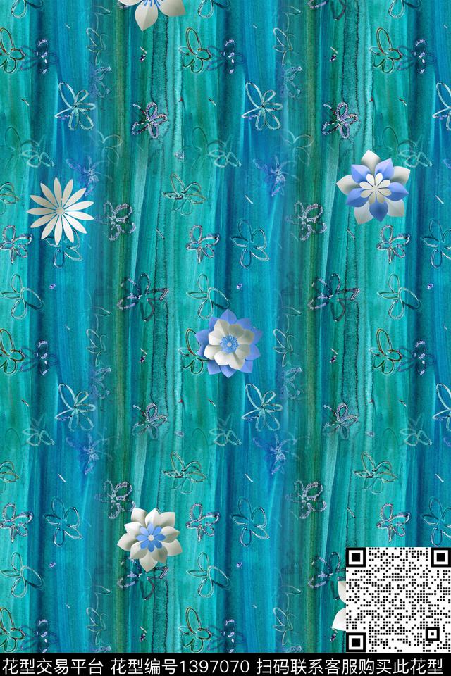 花卉大牌风条纹数码印花华亿平台下载（图片编号: 1397070） - 瓦栏（Walan）