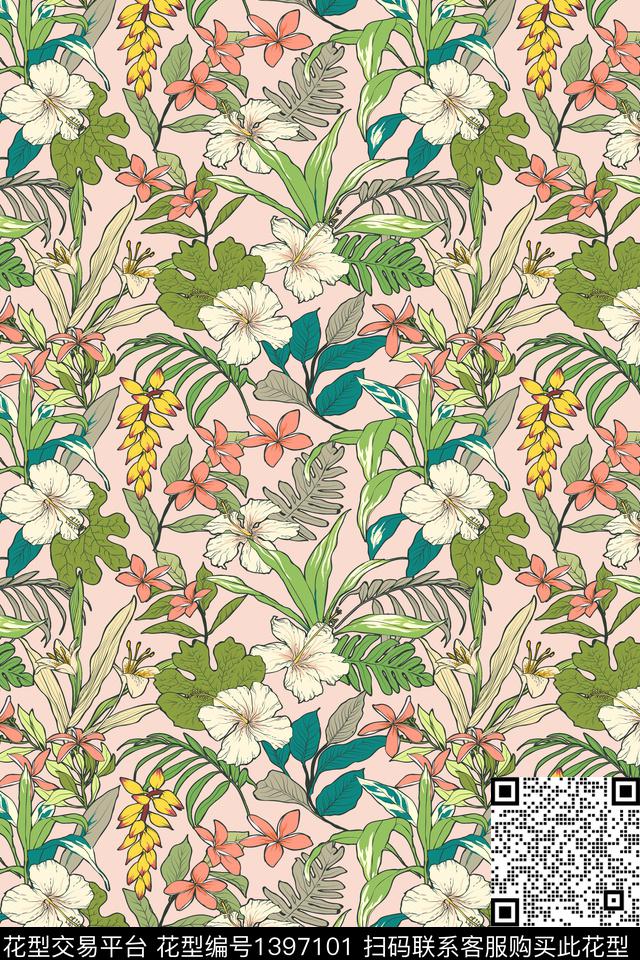 绿植树叶花卉大牌风数码印花华亿平台下载（图片编号: 1397101） - 瓦栏（Walan）