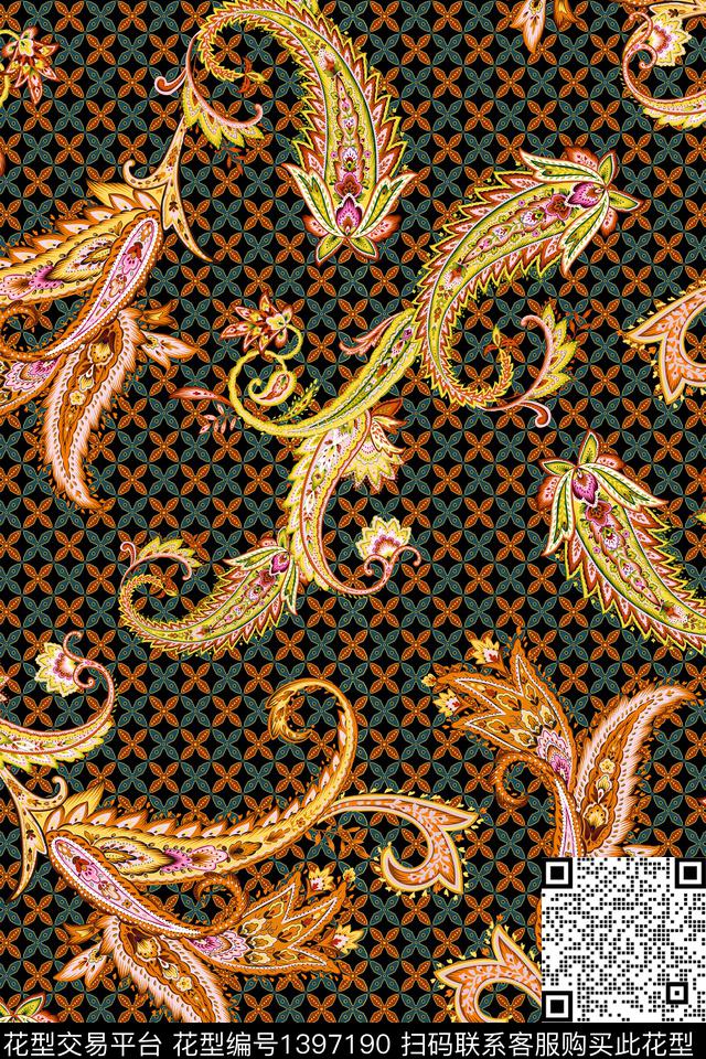 几何复古佩斯利数码印花华亿平台下载（图片编号: 1397190） - 瓦栏（Walan）