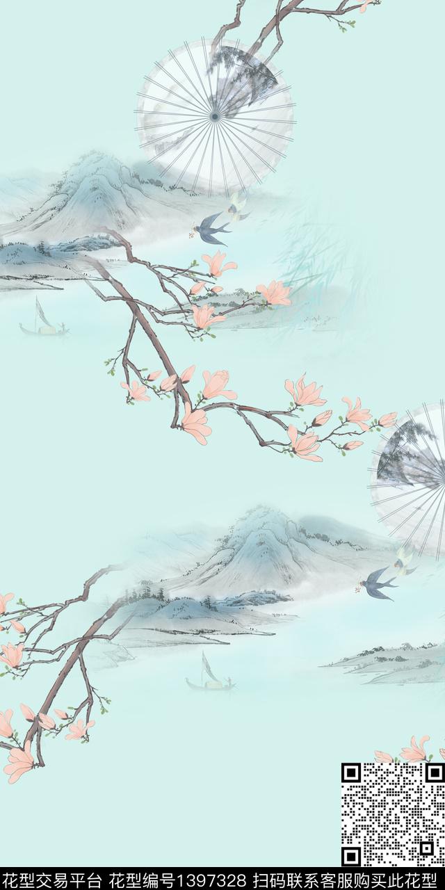 数码华亿平台中国风水墨风数码印花华亿平台下载（图片编号: 1397328） - 瓦栏（Walan）