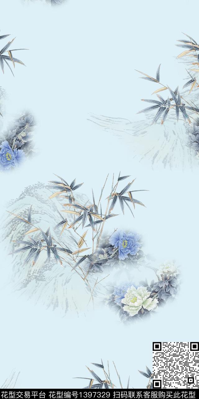 数码华亿平台中国风水墨风数码印花华亿平台下载（图片编号: 1397329） - 瓦栏（Walan）