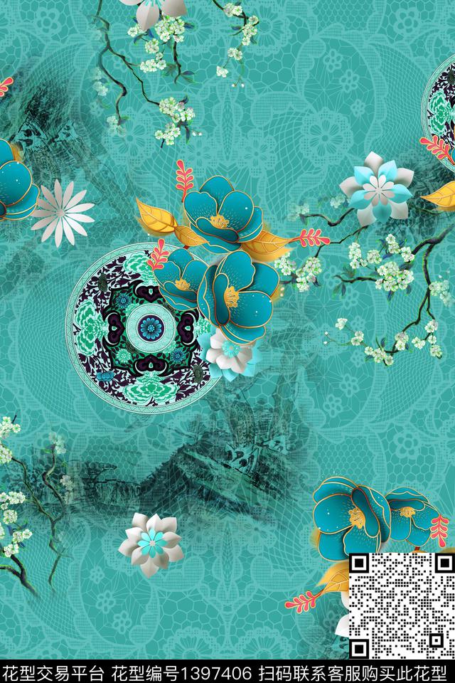 花卉中国风网布蕾丝数码印花华亿平台下载（图片编号: 1397406） - 瓦栏（Walan）