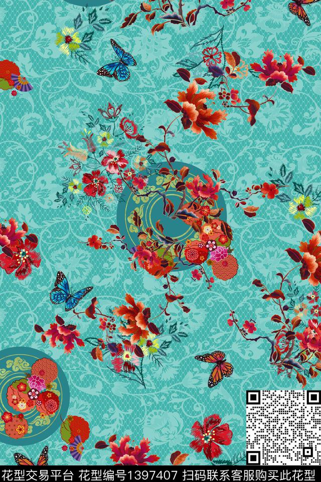 花卉中国风网布蕾丝数码印花华亿平台下载（图片编号: 1397407） - 瓦栏（Walan）