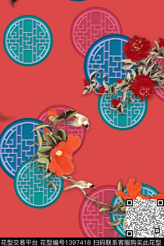 花卉大牌风中国风数码印花华亿平台下载（图片编号: 1397418） - 瓦栏（Walan）