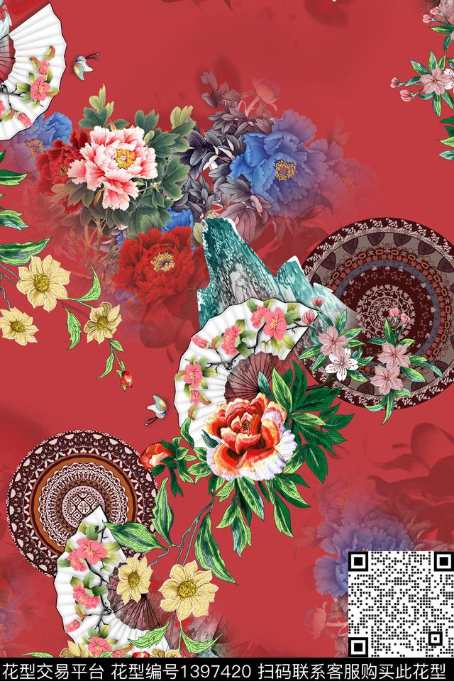 花卉大牌风中国风数码印花华亿平台下载（图片编号: 1397420） - 瓦栏（Walan）