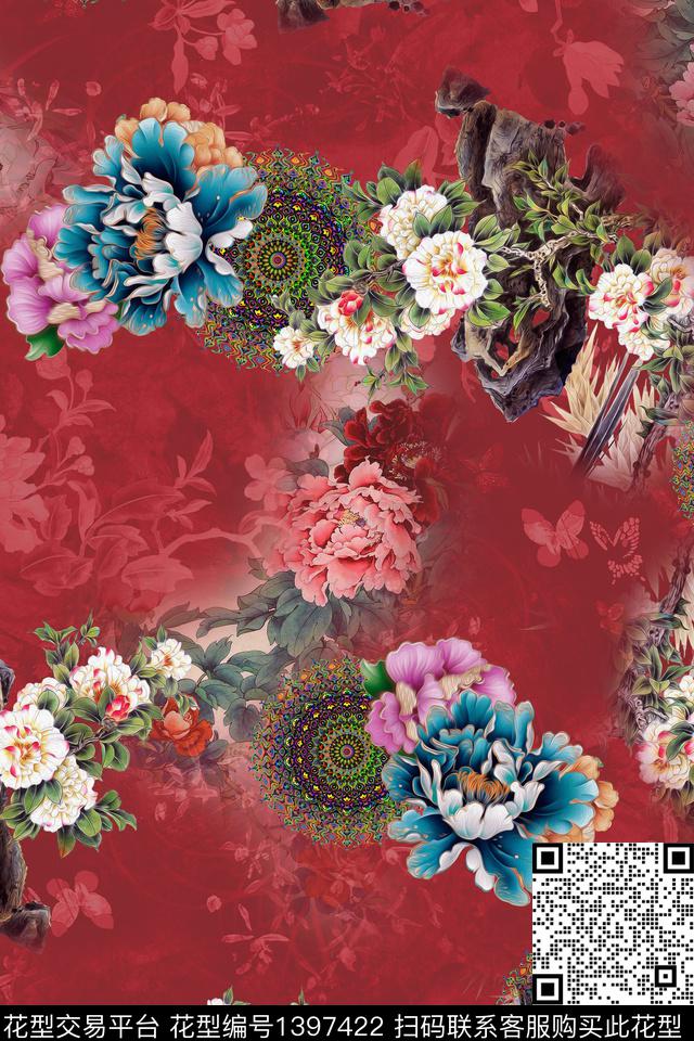 花卉大牌风中国风数码印花华亿平台下载（图片编号: 1397422） - 瓦栏（Walan）