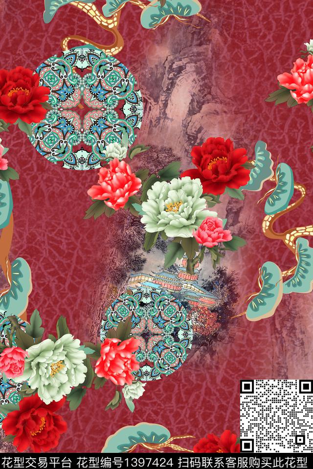 花卉大牌风中国风数码印花华亿平台下载（图片编号: 1397424） - 瓦栏（Walan）