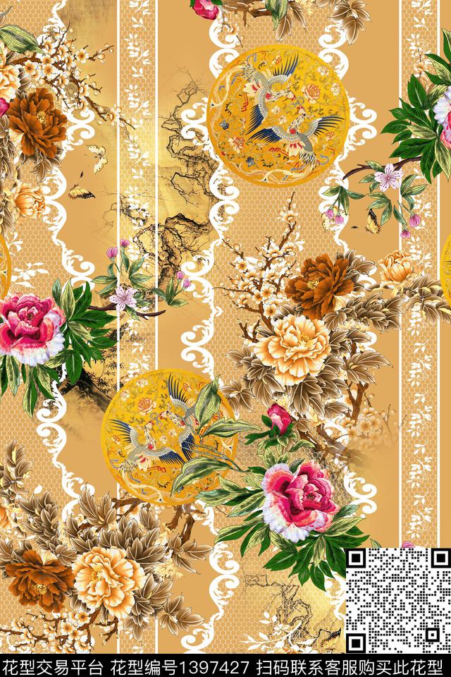 花卉大牌风中国风数码印花华亿平台下载（图片编号: 1397427） - 瓦栏（Walan）