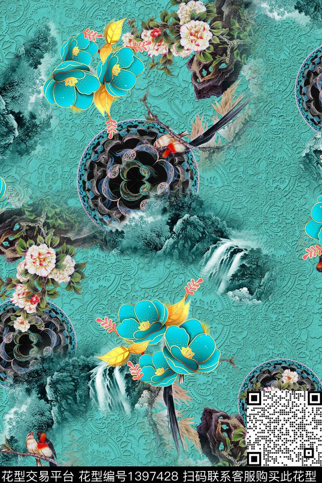 花卉大牌风中国风数码印花华亿平台下载（图片编号: 1397428） - 瓦栏（Walan）