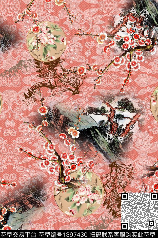 花卉大牌风中国风数码印花华亿平台下载（图片编号: 1397430） - 瓦栏（Walan）