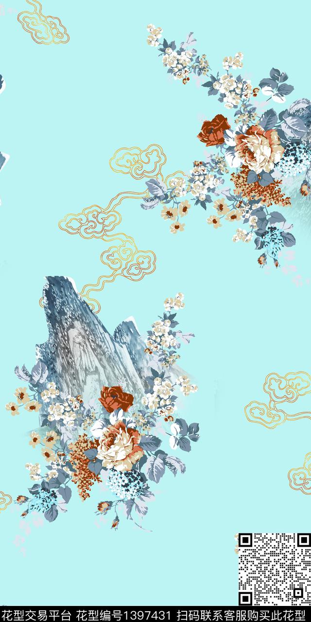 花卉大牌风中国风数码印花华亿平台下载（图片编号: 1397431） - 瓦栏（Walan）