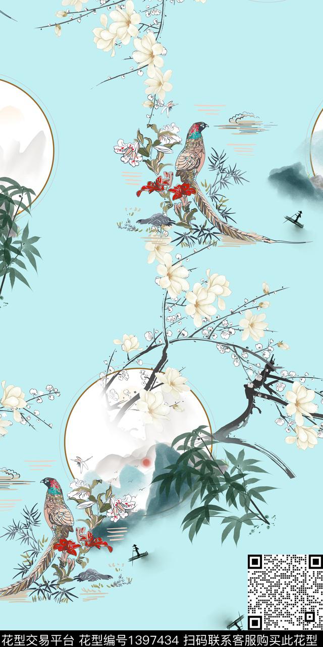 花卉大牌风中国风数码印花华亿平台下载（图片编号: 1397434） - 瓦栏（Walan）