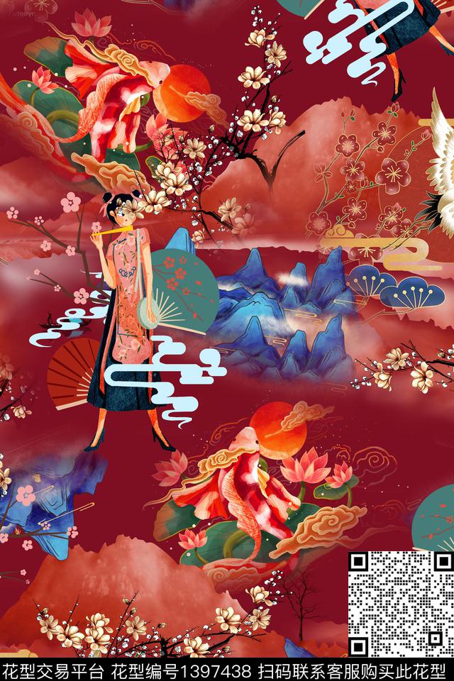 花卉大牌风中国风数码印花华亿平台下载（图片编号: 1397438） - 瓦栏（Walan）