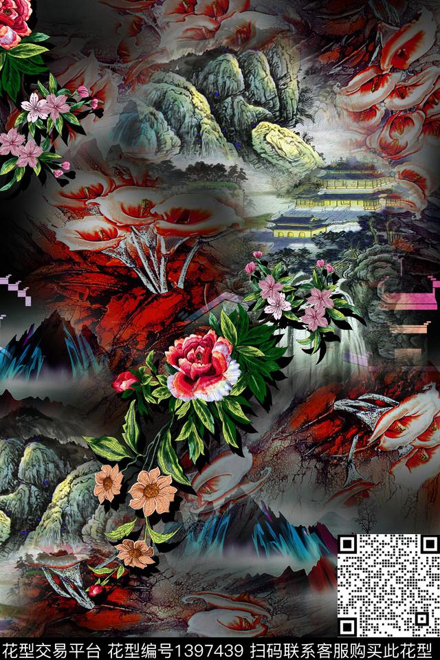 花卉大牌风中国风数码印花华亿平台下载（图片编号: 1397439） - 瓦栏（Walan）