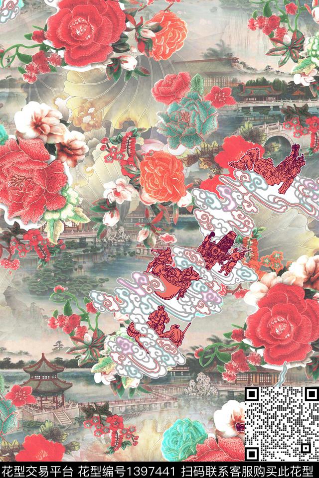 花卉大牌风中国风数码印花华亿平台下载（图片编号: 1397441） - 瓦栏（Walan）