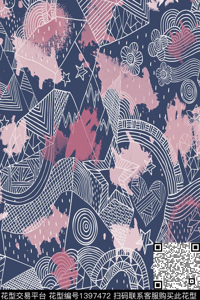 黑底花卉几何肌理传统印花华亿平台下载（图片编号: 1397472） - 瓦栏（Walan）