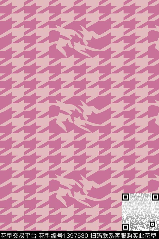 几何彩底花卉千鸟格传统印花华亿平台下载（图片编号: 1397530） - 瓦栏（Walan）