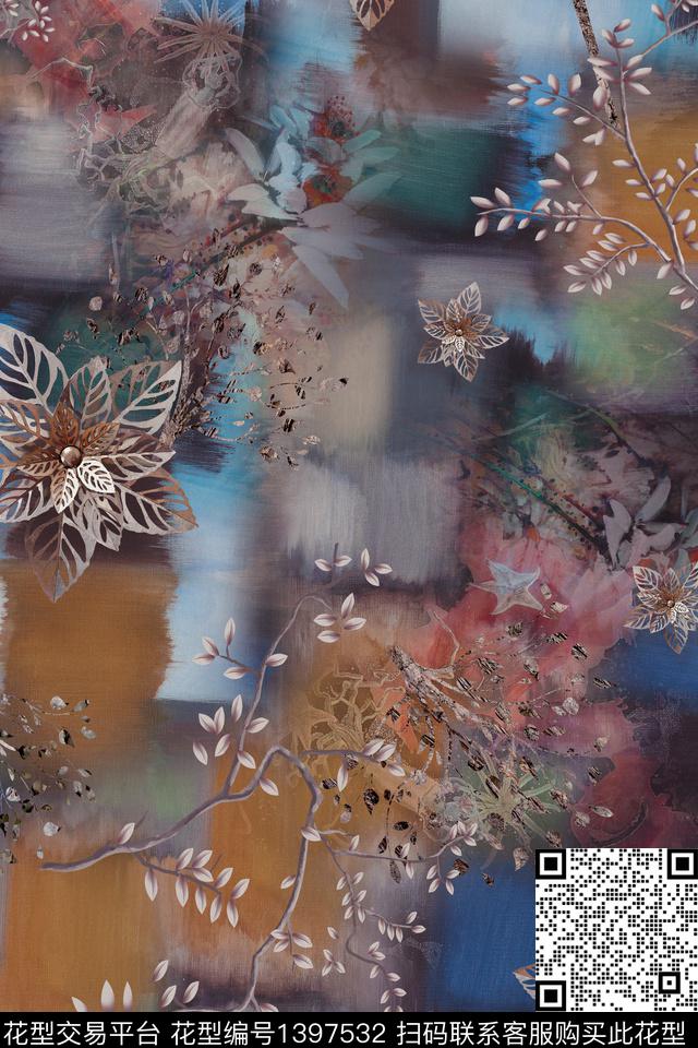 几何花卉抽象数码印花华亿平台下载（图片编号: 1397532） - 瓦栏（Walan）