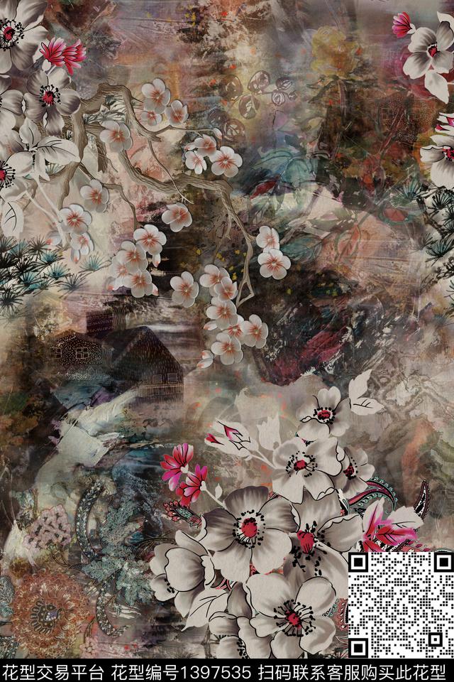 几何花卉抽象数码印花华亿平台下载（图片编号: 1397535） - 瓦栏（Walan）