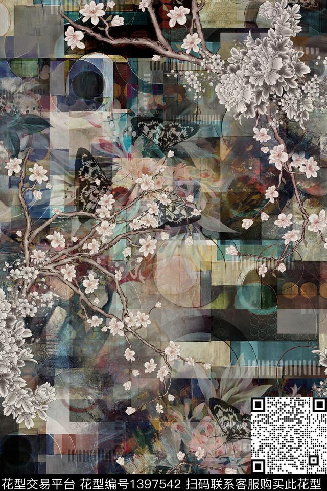 几何花卉抽象数码印花华亿平台下载（图片编号: 1397542） - 瓦栏（Walan）