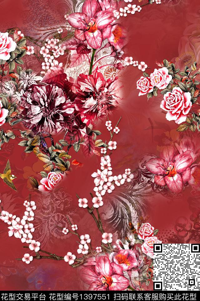 花卉香云纱中国风数码印花华亿平台下载（图片编号: 1397551） - 瓦栏（Walan）