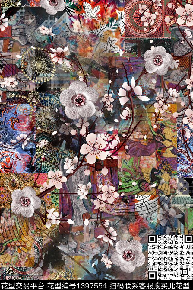 几何花卉抽象数码印花华亿平台下载（图片编号: 1397554） - 瓦栏（Walan）