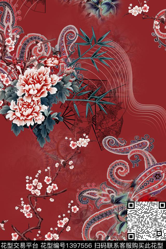 花卉香云纱中国风数码印花华亿平台下载（图片编号: 1397556） - 瓦栏（Walan）