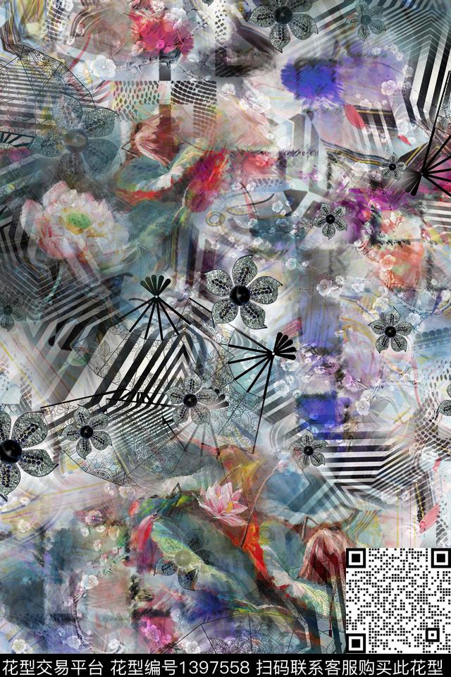几何花卉抽象数码印花华亿平台下载（图片编号: 1397558） - 瓦栏（Walan）
