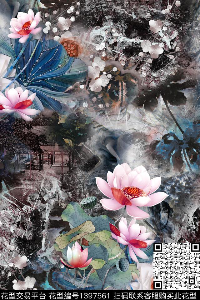 几何花卉抽象数码印花华亿平台下载（图片编号: 1397561） - 瓦栏（Walan）