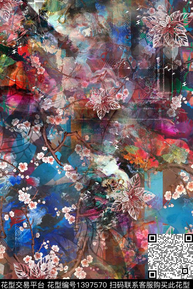 花卉抽象真丝数码印花华亿平台下载（图片编号: 1397570） - 瓦栏（Walan）