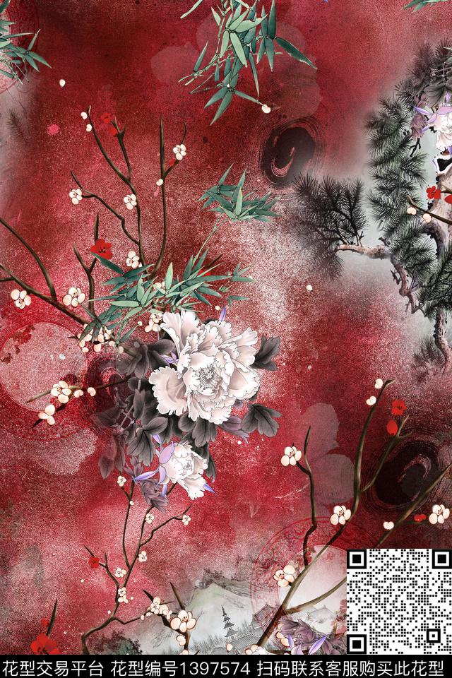 花卉香云纱中国风数码印花华亿平台下载（图片编号: 1397574） - 瓦栏（Walan）