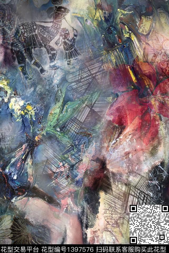 花卉抽象真丝数码印花华亿平台下载（图片编号: 1397576） - 瓦栏（Walan）