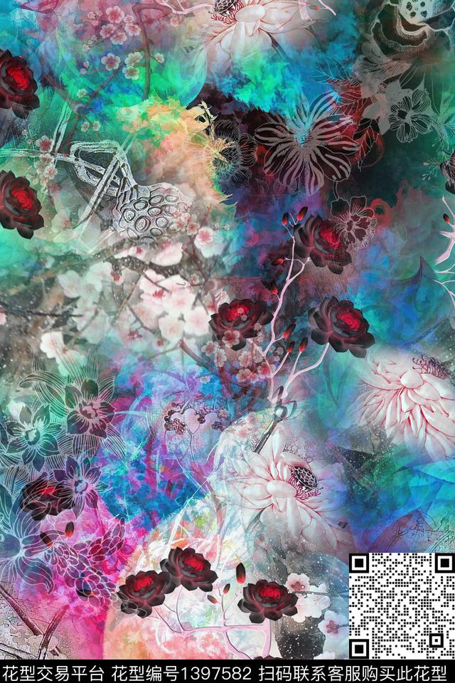 花卉抽象真丝数码印花华亿平台下载（图片编号: 1397582） - 瓦栏（Walan）