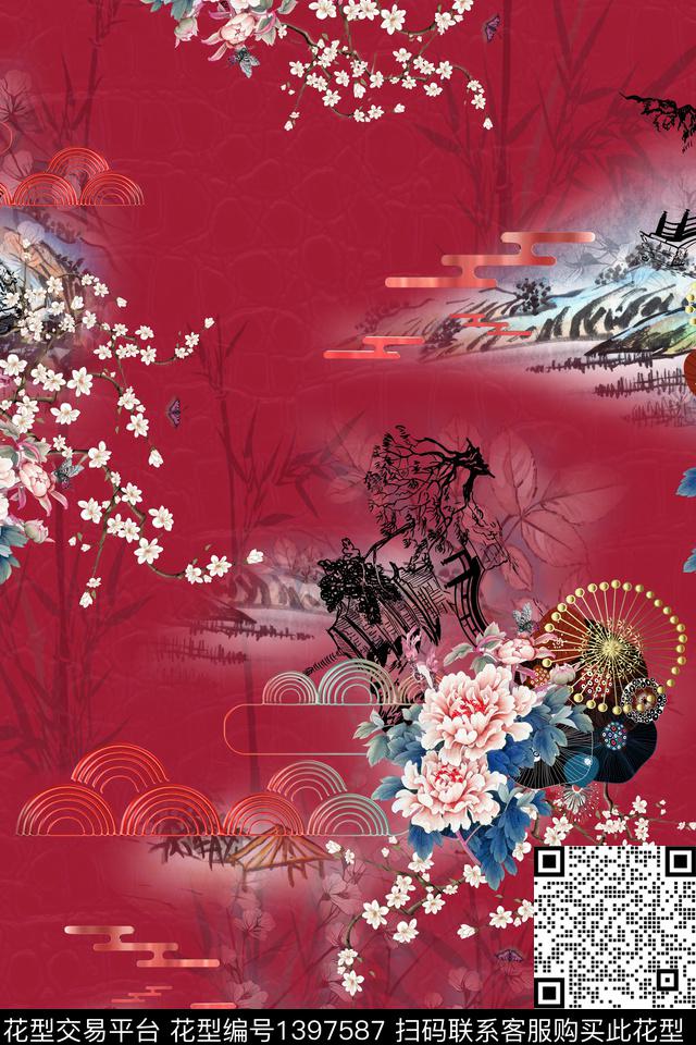 花卉香云纱中国风数码印花华亿平台下载（图片编号: 1397587） - 瓦栏（Walan）