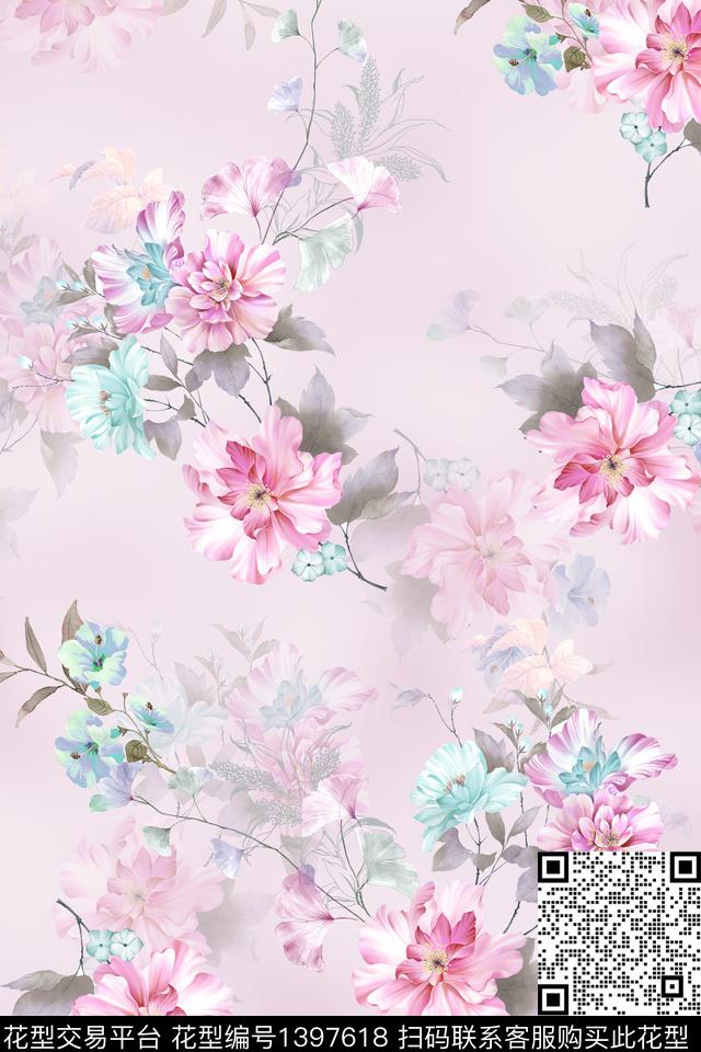 花卉小清新真丝数码印花华亿平台下载（图片编号: 1397618） - 瓦栏（Walan）